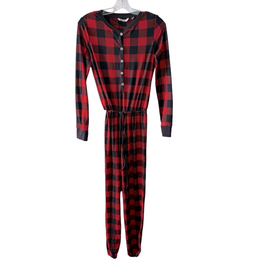 La Vie En Rose Women’s XS Buffalo Plaid Onesie Pajamas Red and Black Checkered